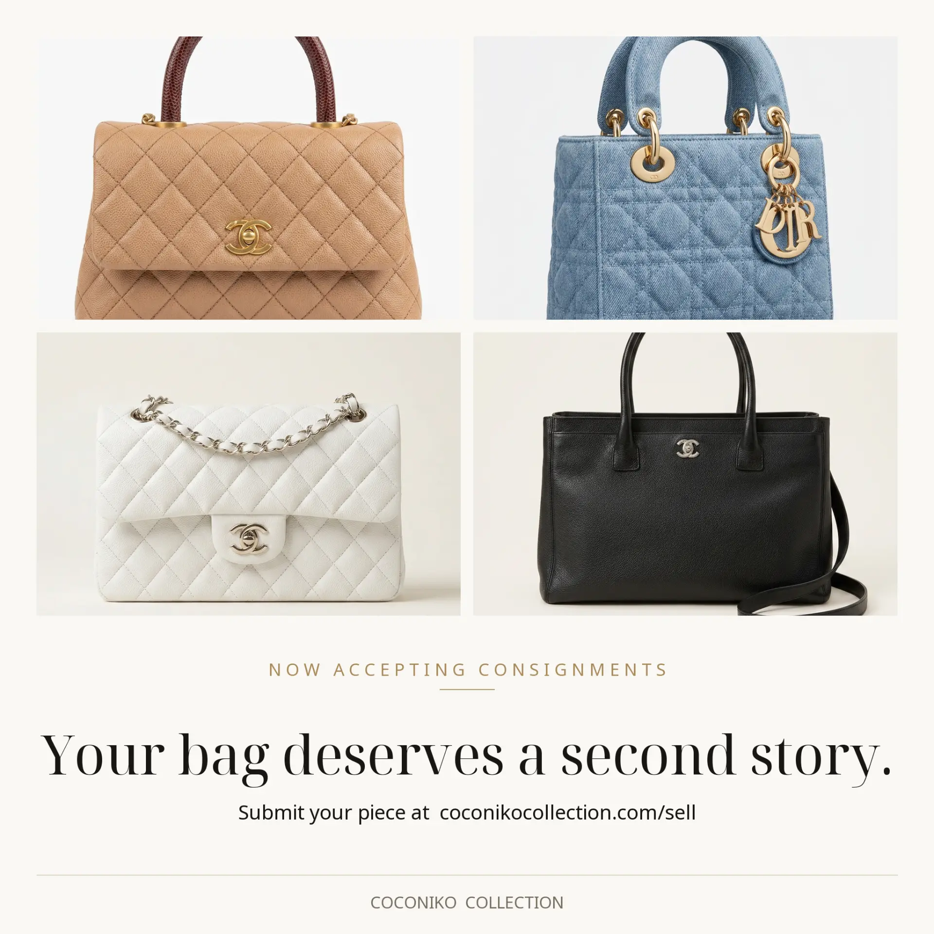 Recent Coconiko consignments — Chanel Coco Handle, denim Lady Dior, white Chanel flap and Chanel Cerf tote